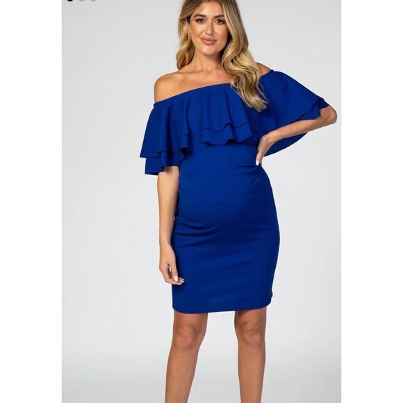Hello MIZ Blue Double Layer Ruffle Off Shoulder Maternity Dress Size Small NWT - Picture 2 of 10